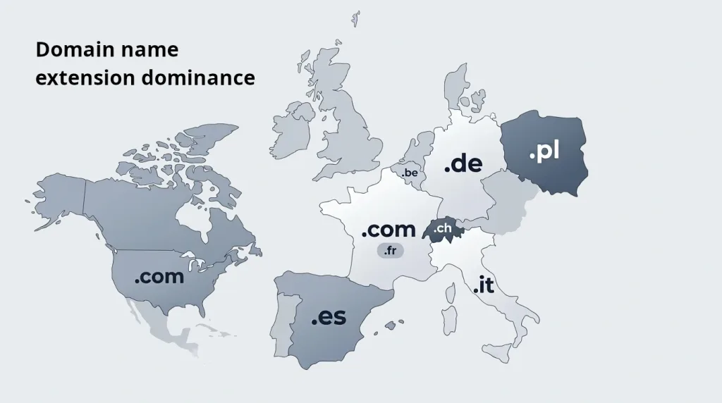 Mapa del predominio de las extensiones de dominio en Norteamérica y Europa